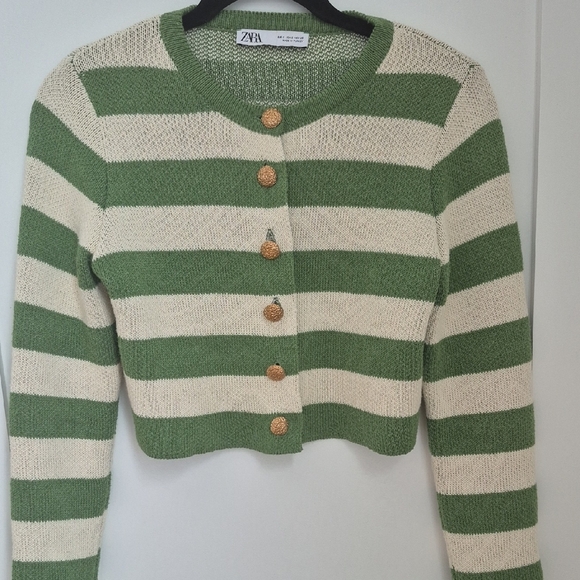 Zara Sweaters - Zara Striped Green and Cream Cardigan